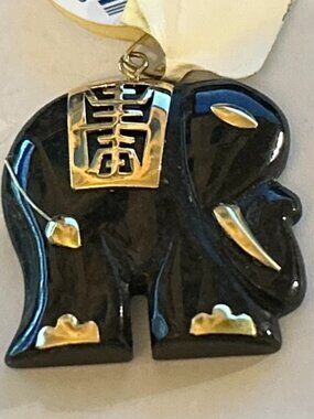 14K Gold Black Jade Elephant Pendant Jadeite Carved Charm Lucky Symbol NWT